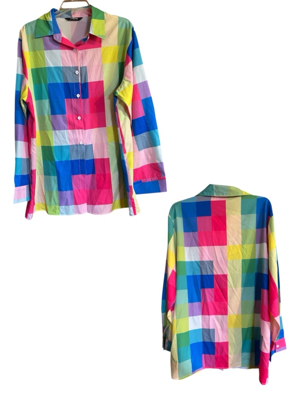 Colorblock Pixel Print Button-Down Shirt - Multicolor XL